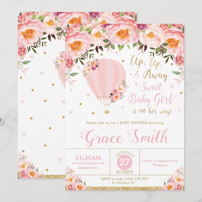Invitación Niña floral caliente de Baby Shower Rubor del (Anverso / Reverso)