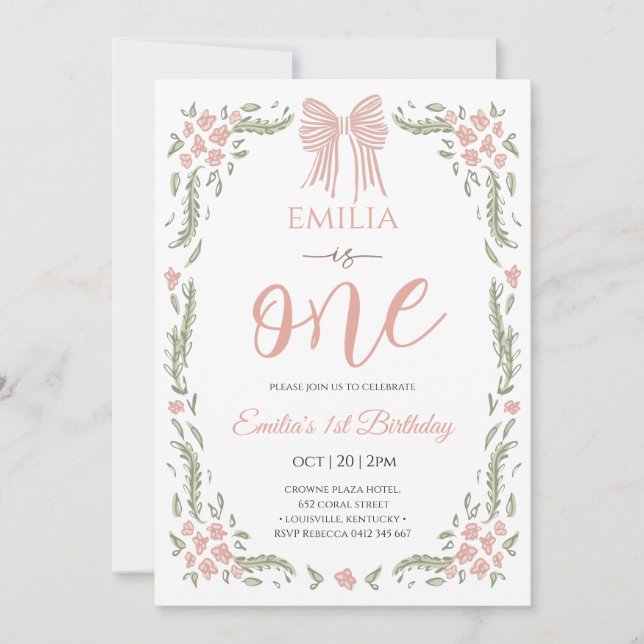 Invitación Niña floral cumpleaños uno  (Anverso)