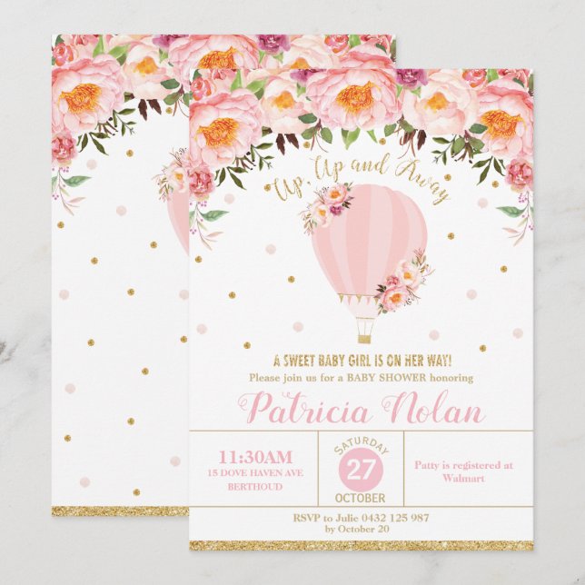 Invitación Niña floral de Baby Shower del globo del aire (Anverso / Reverso)