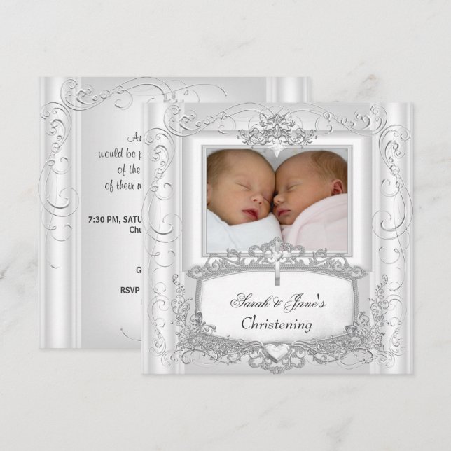 Invitación Niña gemela o niño que critica el bautismo blanco (Anverso / Reverso)