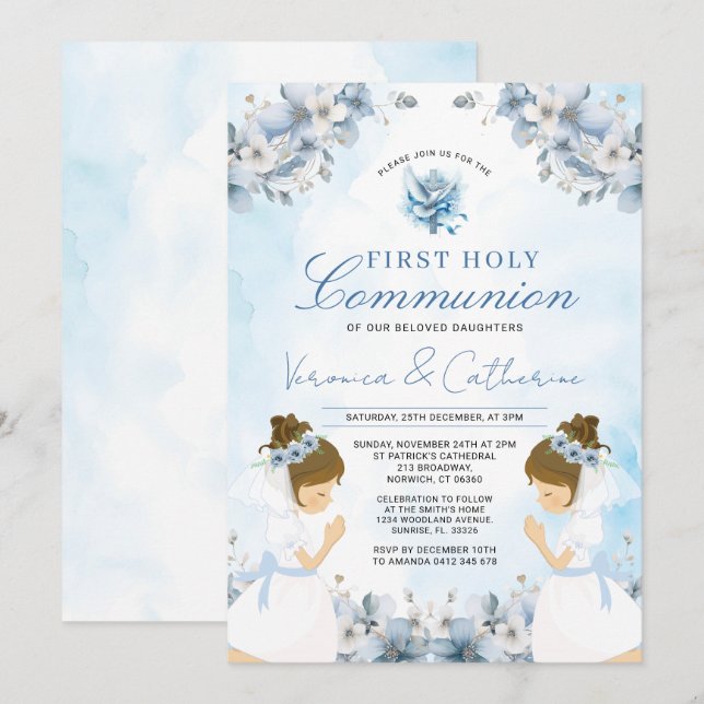 Invitación Niña gemela rezando 1ª Comunión Flores Azules (Anverso / Reverso)