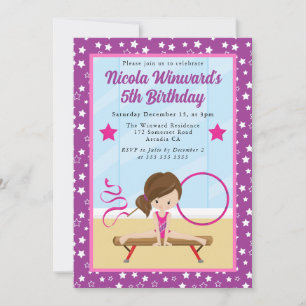 Invitación Niña Gimnasta de Pelo Castaño Lindo Cumpleaños de 
