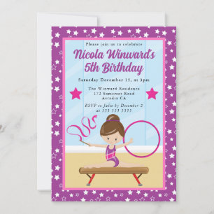 Invitación Niña Gimnasta Morena Adorable Cumpleaños Infantil 