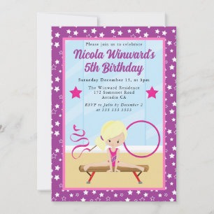 Invitación Niña Gimnasta Rubia Adorable Cumpleaños Infantil 