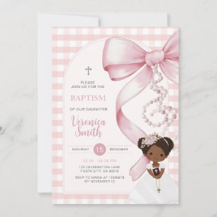 Invitación Niña Gingham Rosa Bautizo Lazo Rosa Perla Cabello