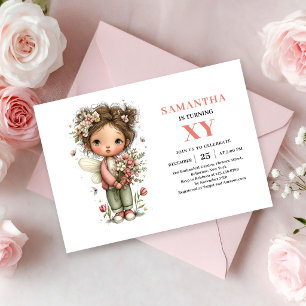 Invitación Niña Hada 7º Cumpleaños Caprichoso Rosa Floral