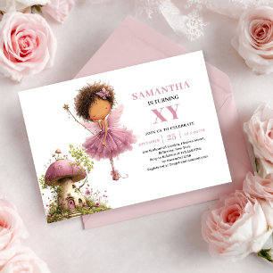 Invitación Niña Hada Adorable Cumpleaños 2º Rosa Dorado Flora