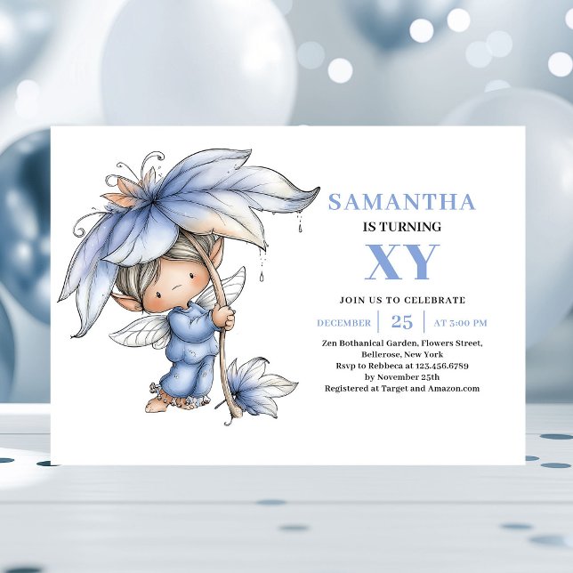 Invitación Niña Hada Azul Elegante Cumpleaños 3 Pastel (Graceful Blue Fairy Girl 3rd Birthday Pastel invitation)