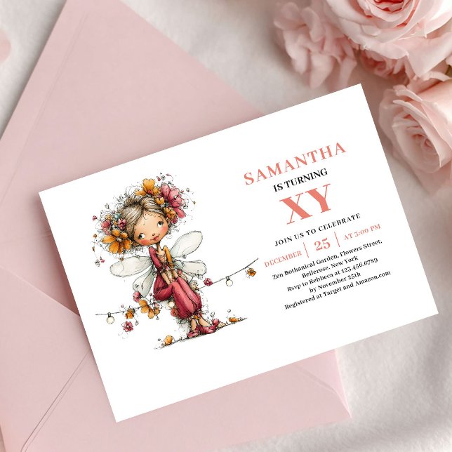 Invitación Niña Hada Caprichosa Cumpleaños 5 Floral Rosa (Whimsical Fairy Girl 5th Birthday Floral Pink invitation)