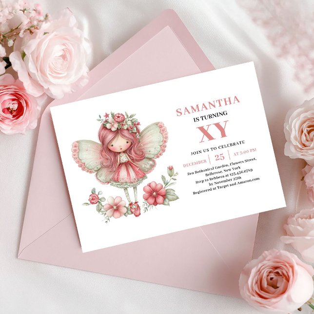 Invitación Niña Hada Caprichosa Cumpleaños 6 Flores Rosadas (Whimsical Fairy Girl 6th Birthday Pink Flowers Invitation)