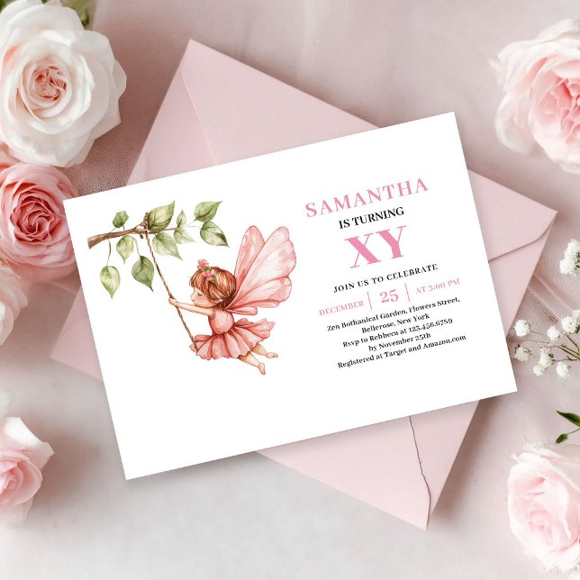Invitación Niña Hada Caprichosa Cumpleaños 9 Rosa Rubor (Whimsical Fairy Girl 9th Birthday Blush Pink invitation)