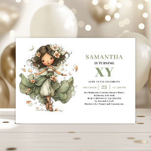 Invitación Niña Hada Mágica Cumpleaños 3 Floral Verde