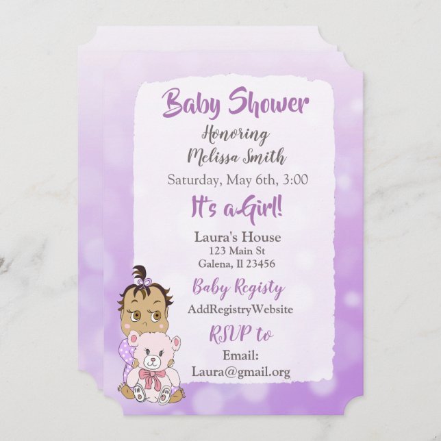 Invitación Niña hispánica con tazas para bebés con osito de p (Anverso / Reverso)