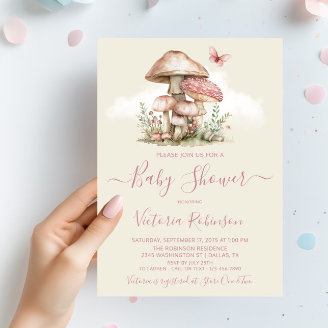 Invitación Niña Hongo Rosa Mariposa Baby Shower (Girl mushroom baby shower invitation with butterfly. You can change the background color.)