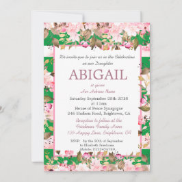 Invitación Niña Judía Nombrando Floral Verde Rosa Hebreo