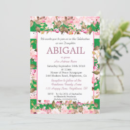 Invitación Niña Judía Nombrando Floral Verde Rosa Hebreo