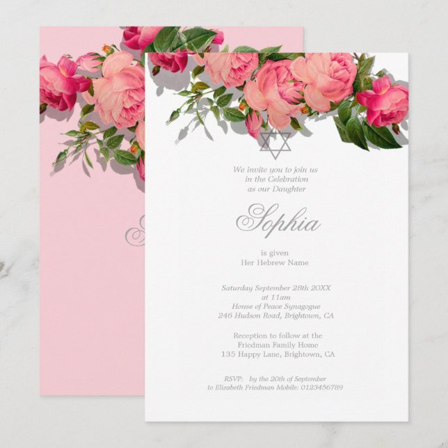 Invitación Niña Judía Nombrando Rosa Floral Hebreo (Anverso / Reverso)