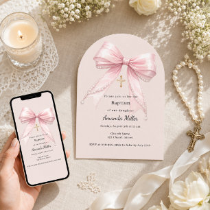Invitación Niña lazo rosa perlas champán arco Bautizo