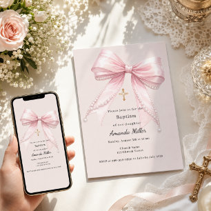 Invitación Niña lazo rosa perlas champán Bautizo