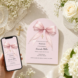 Invitación Niña lazo rosa perlas elegante arco Bautizo
