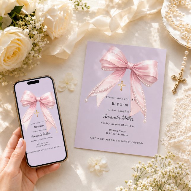Invitación Niña lazo rosa perlas lavanda Bautizo (Subido por el creador)