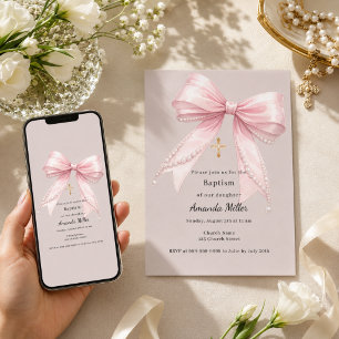 Invitación Niña lazo rosa perlas taupe Bautizo