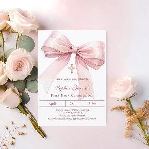 Invitación Niña lazo rosa Primera Comunión
