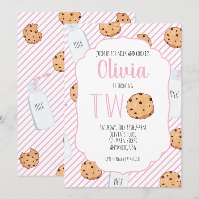 Invitación Niña Leche y Galletas Rosa 2do Cumpleaños (Anverso / Reverso)