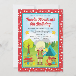 Invitación Niña Linda de Cabello Rubio Acampando Cumpleaños d