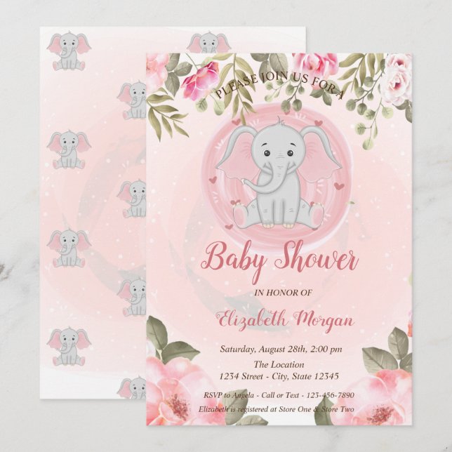 Invitación Niña linda elefante, Baby Shower floral (Anverso / Reverso)