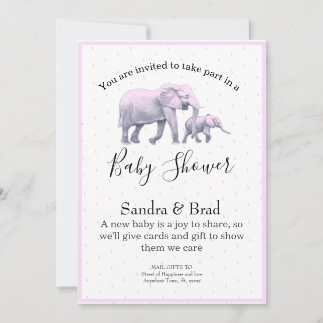 Invitación Niña linda elefante rosa Baby Shower I moderno (Anverso)