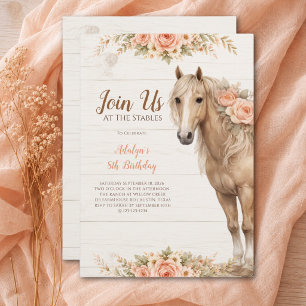 Invitación Niña melocotón floral granja de equitación cumplea
