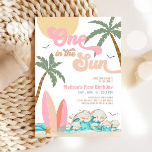Invitación Niña Melocotón Rosa Uno En El Sol Surf Cumpleaños 