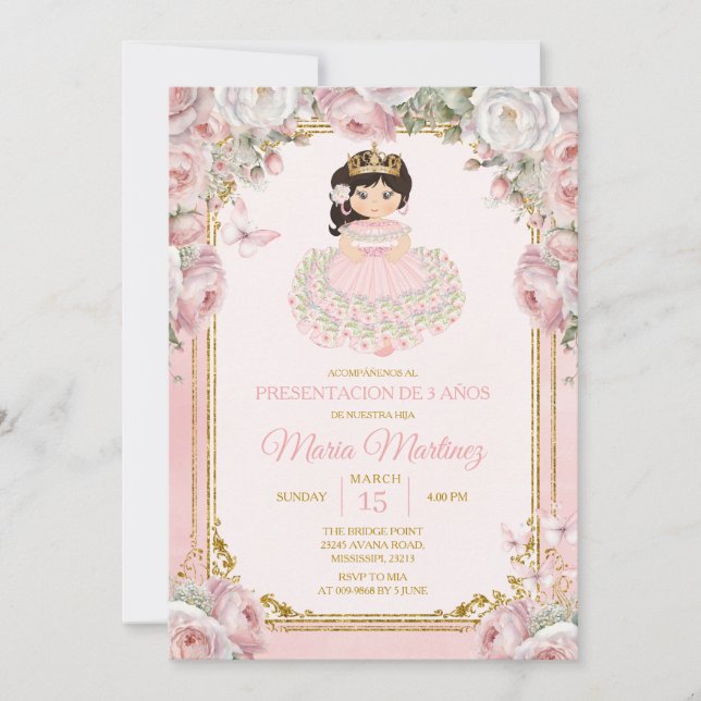 Invitación Niña mexicana rosada: De tres años (Anverso)
