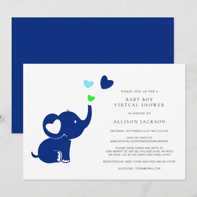Invitación Niña mínima niño ducha virtual elefante azul lindo (Anverso / Reverso)