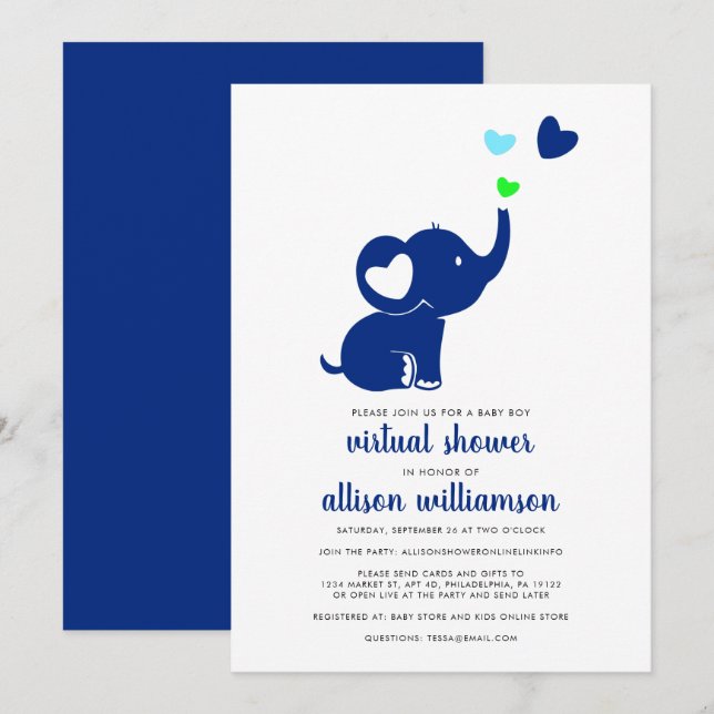 Invitación Niña moderna ducha virtual Elefante azul (Anverso / Reverso)