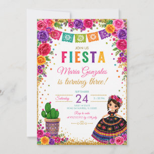 Invitación Niña Monada Señorita Cumpleaños 3 Años Vestido Ros