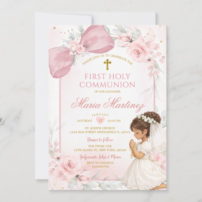Invitación Niña Monia rezando lazo rosa Primera Comunión (Anverso)