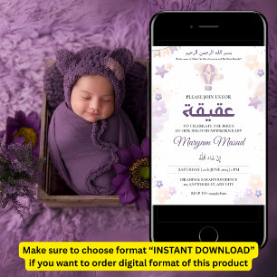 Invitación Niña morada recién nacida Aqiqah Aqeqa musulmana