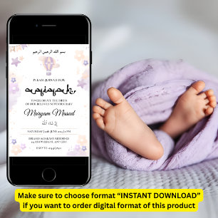 Invitación Niña morada recién nacida Aqiqah Aqeqa musulmana