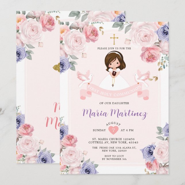 Invitación Niña morada y rosa flor primera comunión sagrada (Anverso / Reverso)