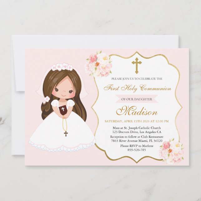 Invitación Niña morena Primera Comunión Elegante Monada (Anverso)
