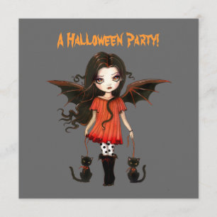 Invitación Niña Murciélago Vampiro Gótico Gatos Halloween