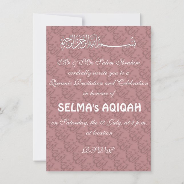 Invitación Niña musulmana Rosa Aqiqah (Anverso)