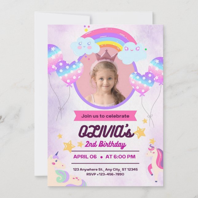 Invitación Niña Nacida Unicornio Fiesta (Anverso)