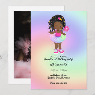 Invitación Niña Negra Tutú Colorido Fiesta de Cumpleaños
