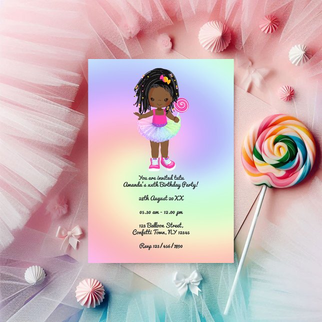 Invitación Niña Negra Tutú Colorido Fiesta de Cumpleaños (Little Black Girl Colorful Tutu Birthday Party Invitation)