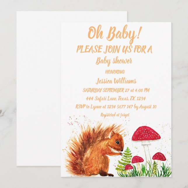Invitación Niña Niño Acuarela Ardilla Agua Setas Rojo (Anverso / Reverso)