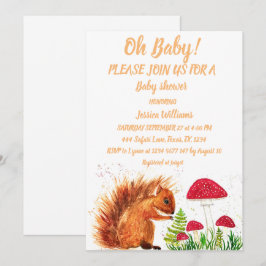 Invitación Niña Niño Acuarela Ardilla Agua Setas Rojo