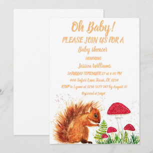 Invitación Niña Niño Acuarela Ardilla Agua Setas Rojo
